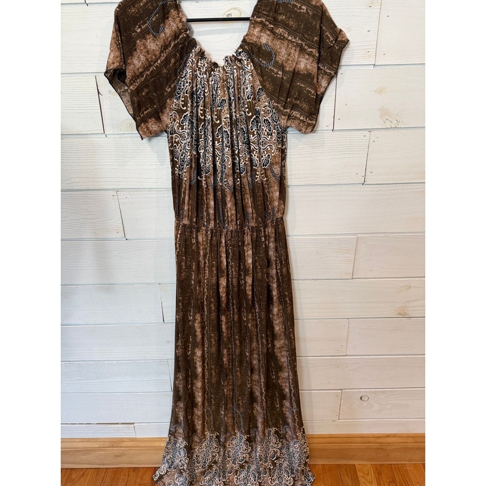 Ace Fashion Maxi Dress Womens 2X Brown NWT Boho Paisley Tassel Flutter Sleeve - Picture 3 of 3
